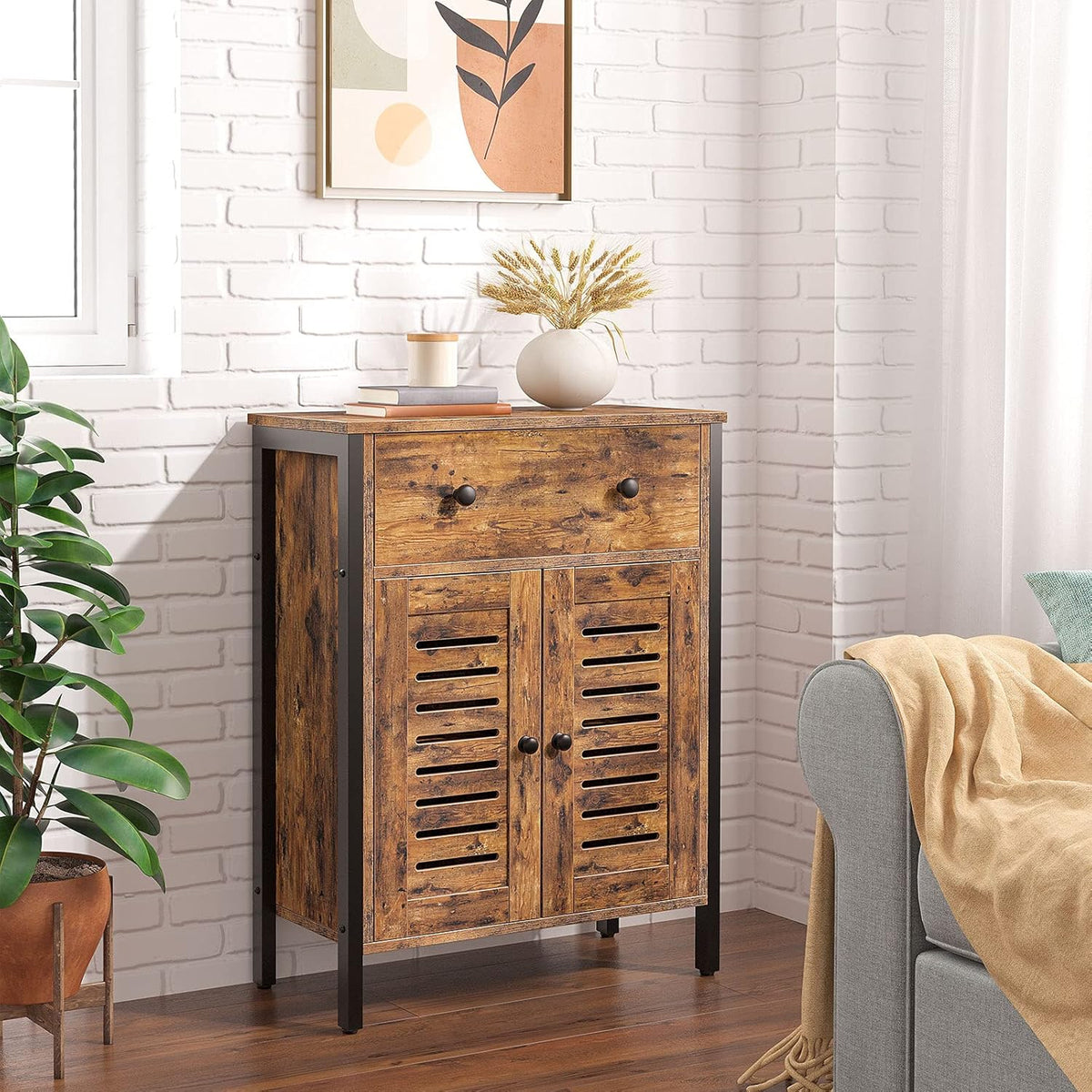 Rustic Brown Kitchen Sideboard Floor Storage Cabinet with Drawers and Height-Adjustable Shelves K7414