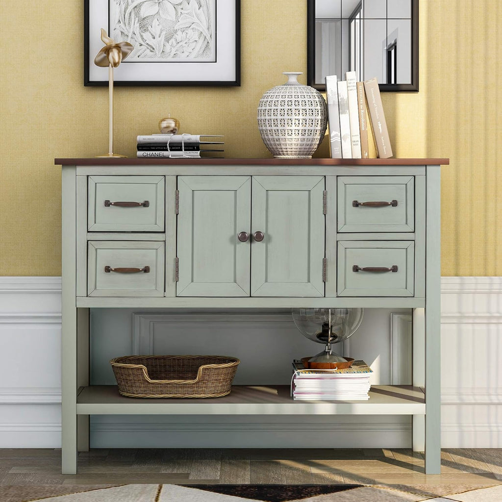 Light Green 6 Drawers Sideboard Console Table with Cabinet and Bottom Shelf A120