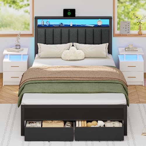 Grey Upholstered Twin Bed Frame with Charging Station and LED Lights W718