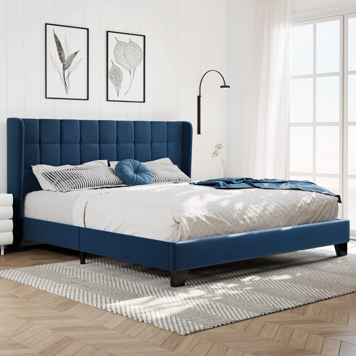 Queen Size Dark Grey Platform Bed with Wingback Headboard U94689