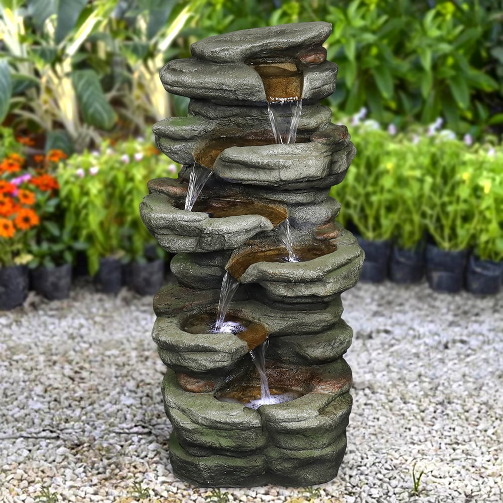 Outdoor 5-Tier Rock Water Fountain with LED Lights D8203