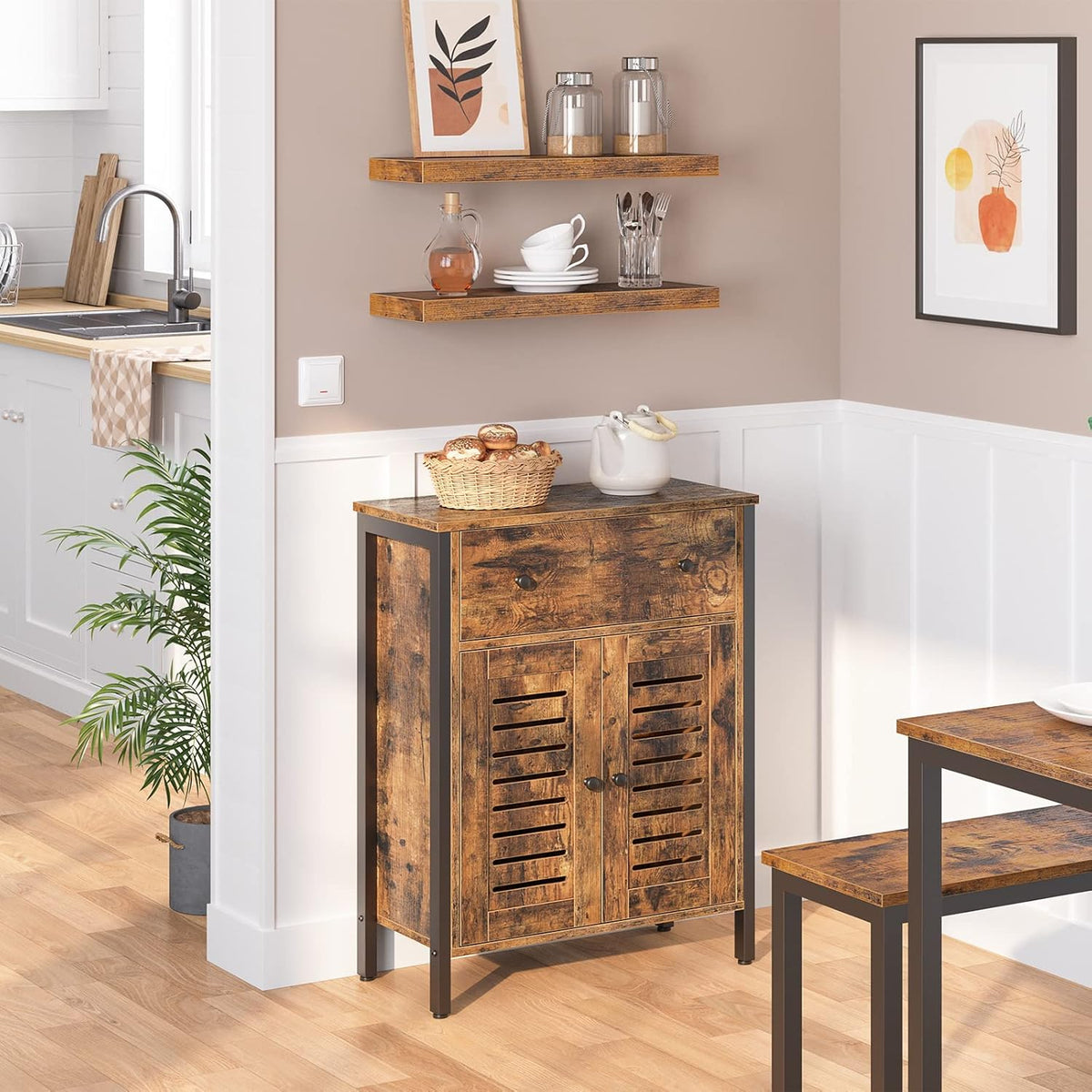 Rustic Brown Kitchen Sideboard Floor Storage Cabinet with Drawers and Height-Adjustable Shelves K7414