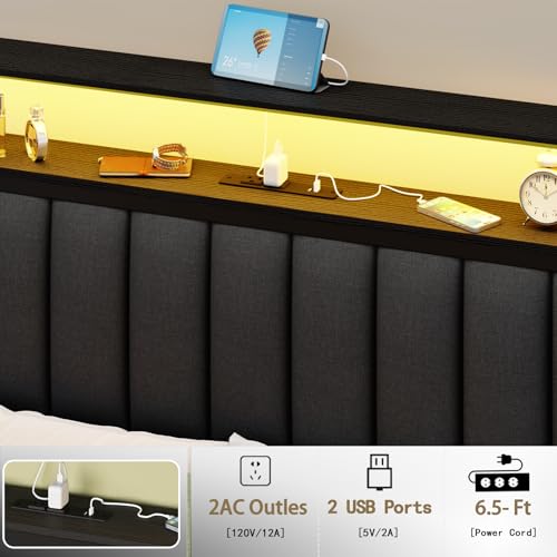Grey Upholstered Twin Bed Frame with Charging Station and LED Lights W718
