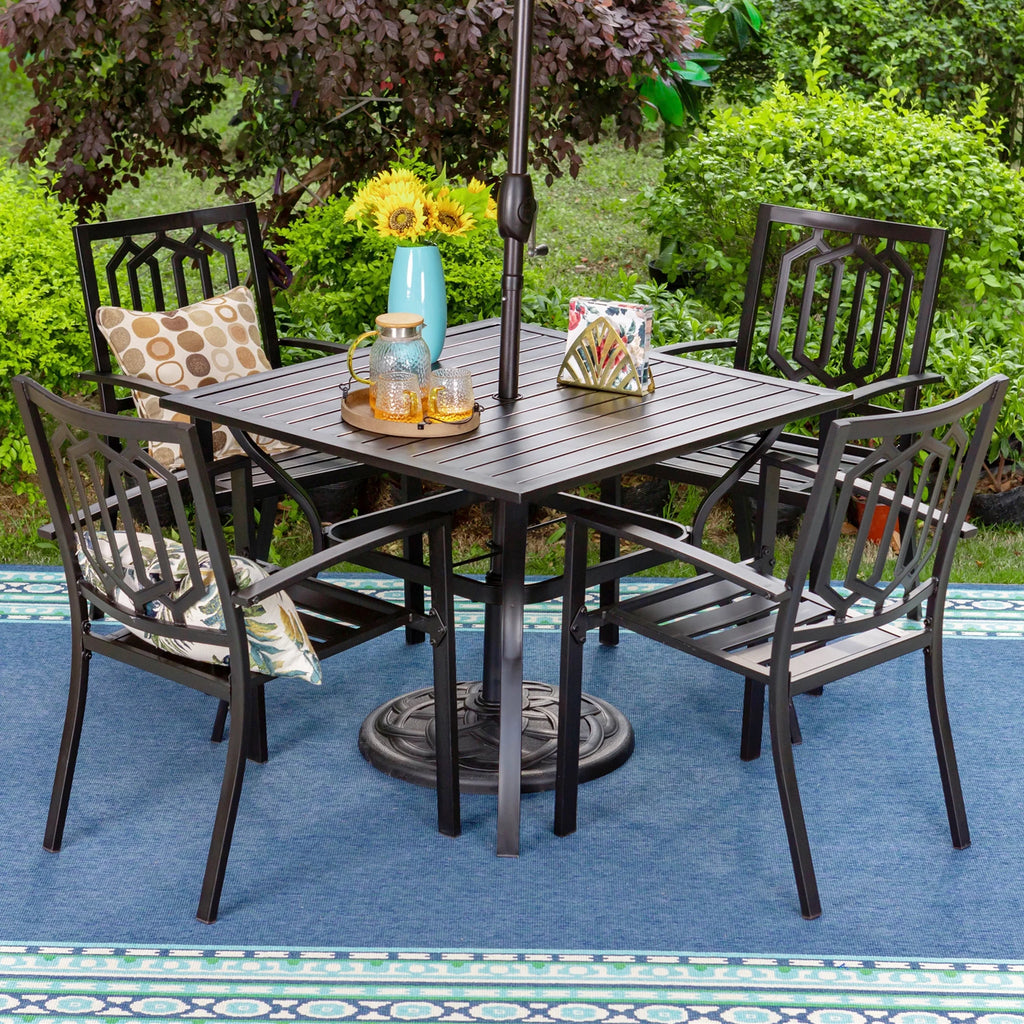 6-Piece Outdoor Patio Set with 10 FT Umbrella, 4 PCS Metal Steel Stacking Chairs & 1 PC Square Dining Table, Orange Red Umbrella Q445