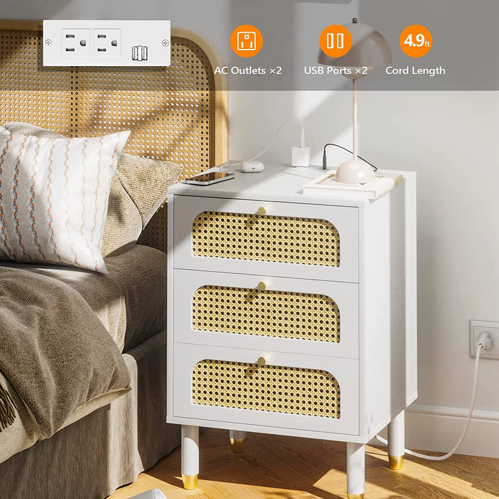 White Rattan Nightstand with Charging Station E115615