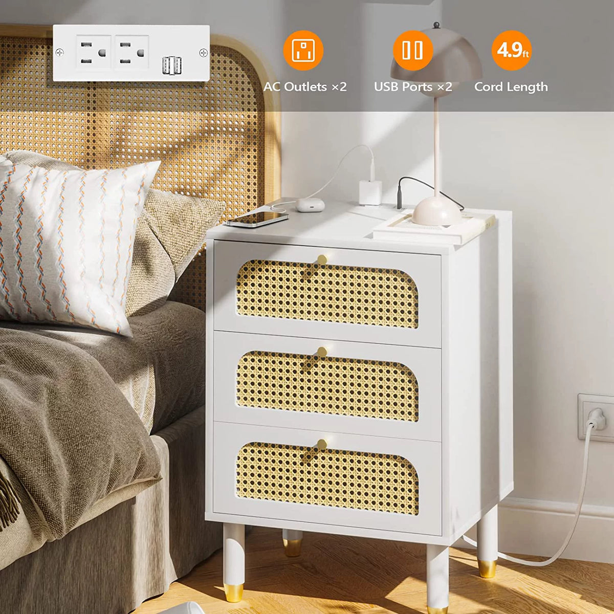 White Rattan Nightstand with Charging Station E115615