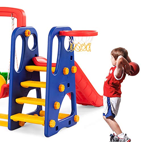 Toddler Long Slide Set, 3-in-1 Large Climber Playset with Basketball Hoop, Stairs, Thickened Panel, Playground Swing R7977