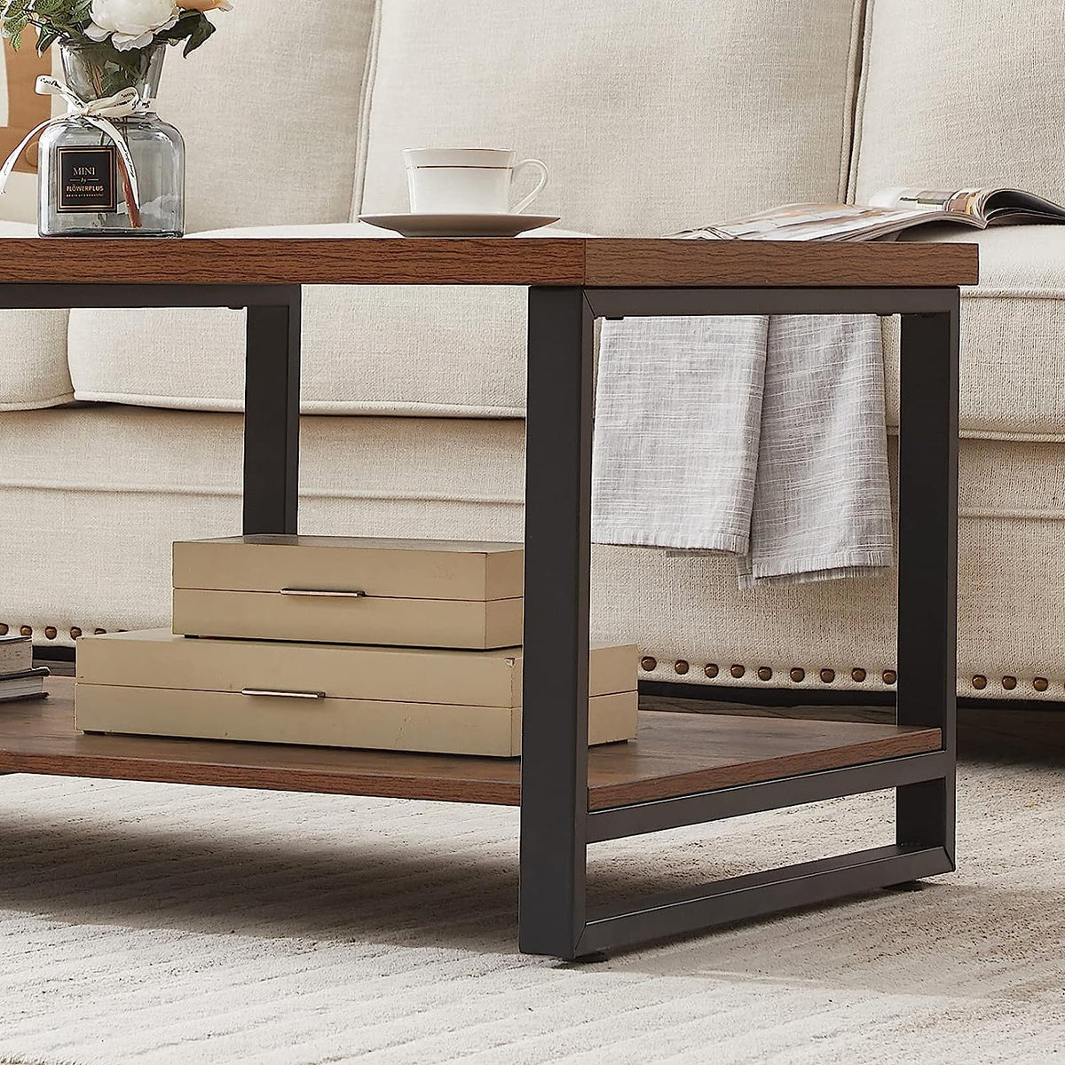 47 Inch Rustic Brown Wood Coffee Table with Storage Shelf R639775