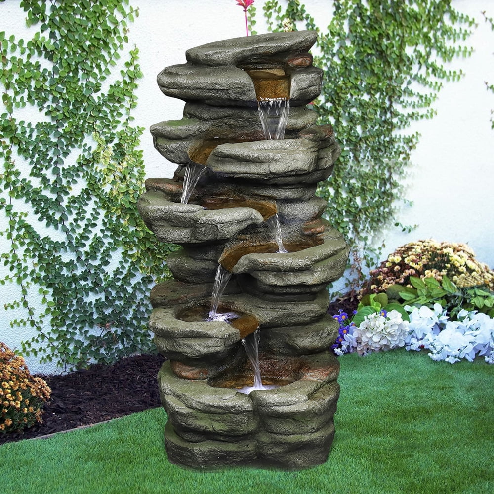 Outdoor 5-Tier Rock Water Fountain with LED Lights D8203