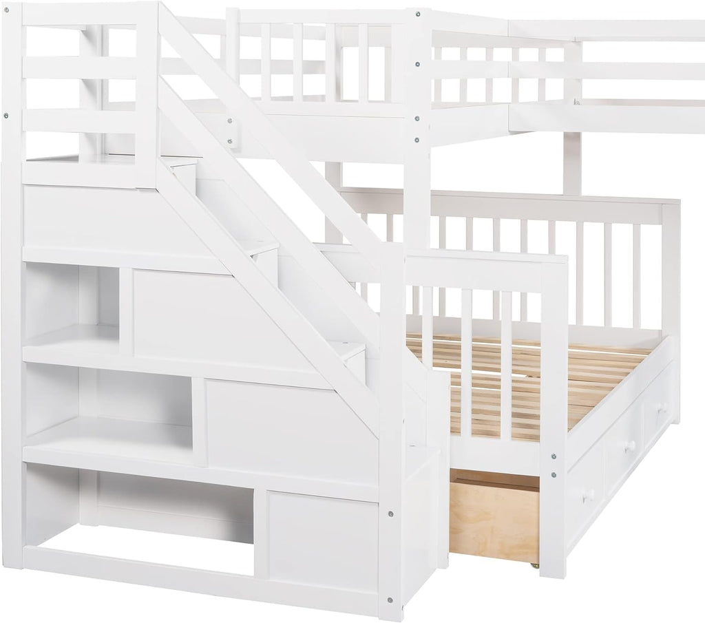 White Wooden Triple Bunk Bed With Stairs And 3 Storage Drawers P913