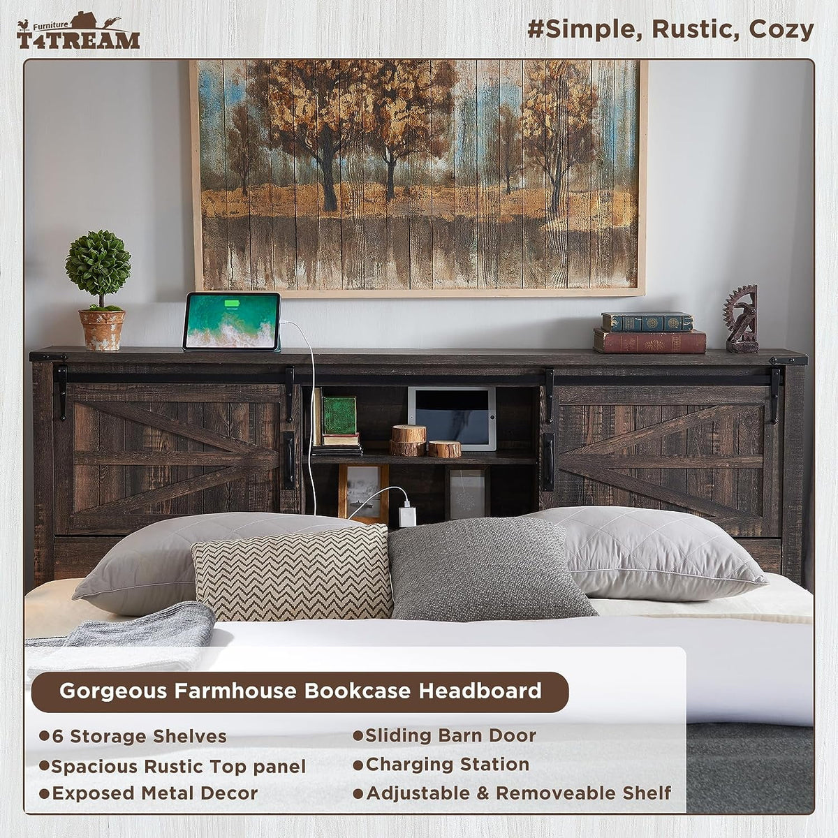 Light Rustic Oak Wood Platform Bed Frame with Bookcase Storage Headboard F31151
