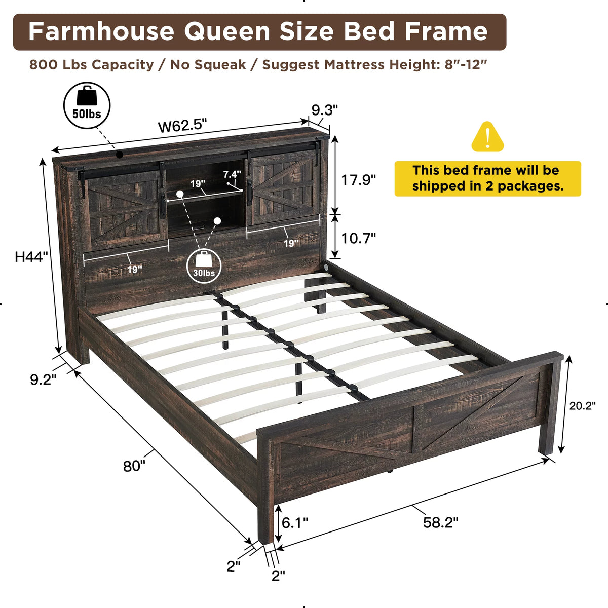 Light Rustic Oak Wood Platform Bed Frame with Bookcase Storage Headboard F31151