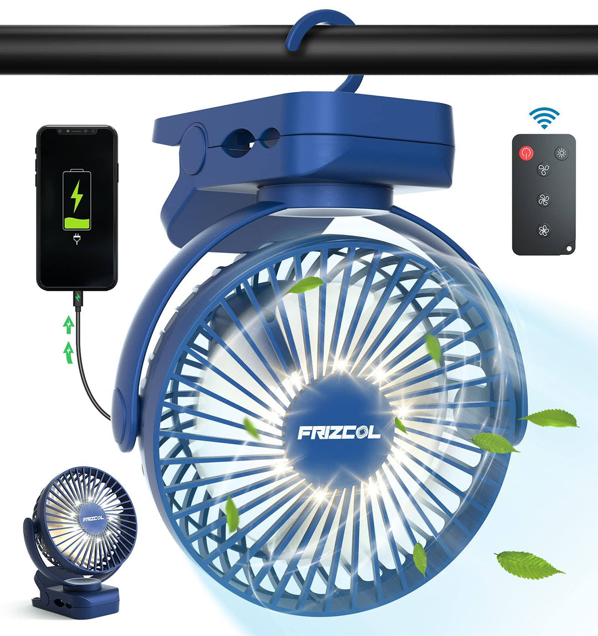 11800 mAh Rechargeable Battery Operated Camping Fan with LED Light and Clips G35420