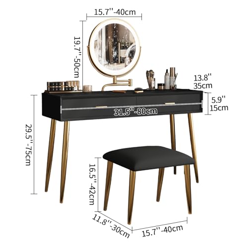 Black 31.5in Vanity Desk Set with 360° Rotating Mirror and Lights, 2 Drawers, Stool F3044