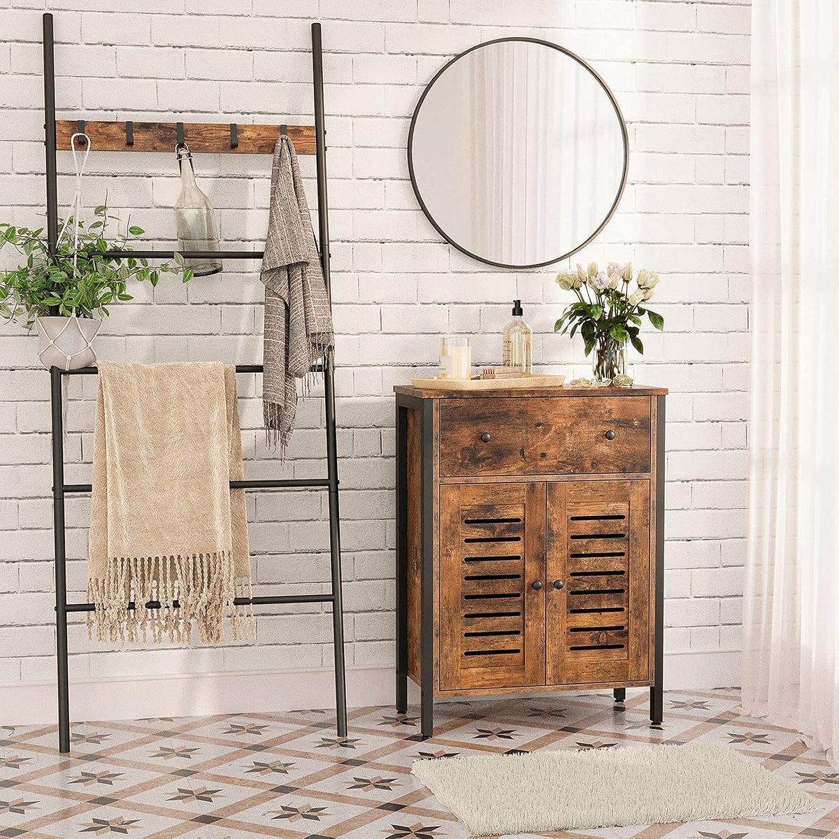 Rustic Brown Kitchen Sideboard Floor Storage Cabinet with Drawers and Height-Adjustable Shelves K7414