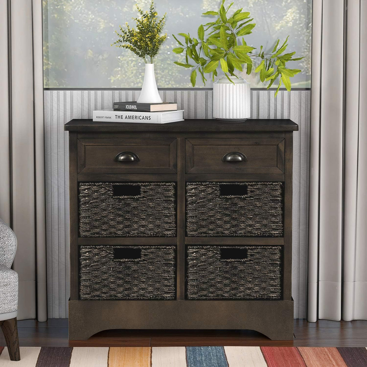 White Storage Cabinet with 2 Drawers and 4 Fabric Baskets J7063
