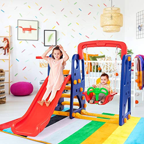 Toddler Long Slide Set, 3-in-1 Large Climber Playset with Basketball Hoop, Stairs, Thickened Panel, Playground Swing R7977