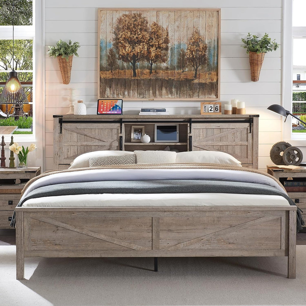 Light Rustic Oak Wood Platform Bed Frame with Bookcase Storage Headboard F31151