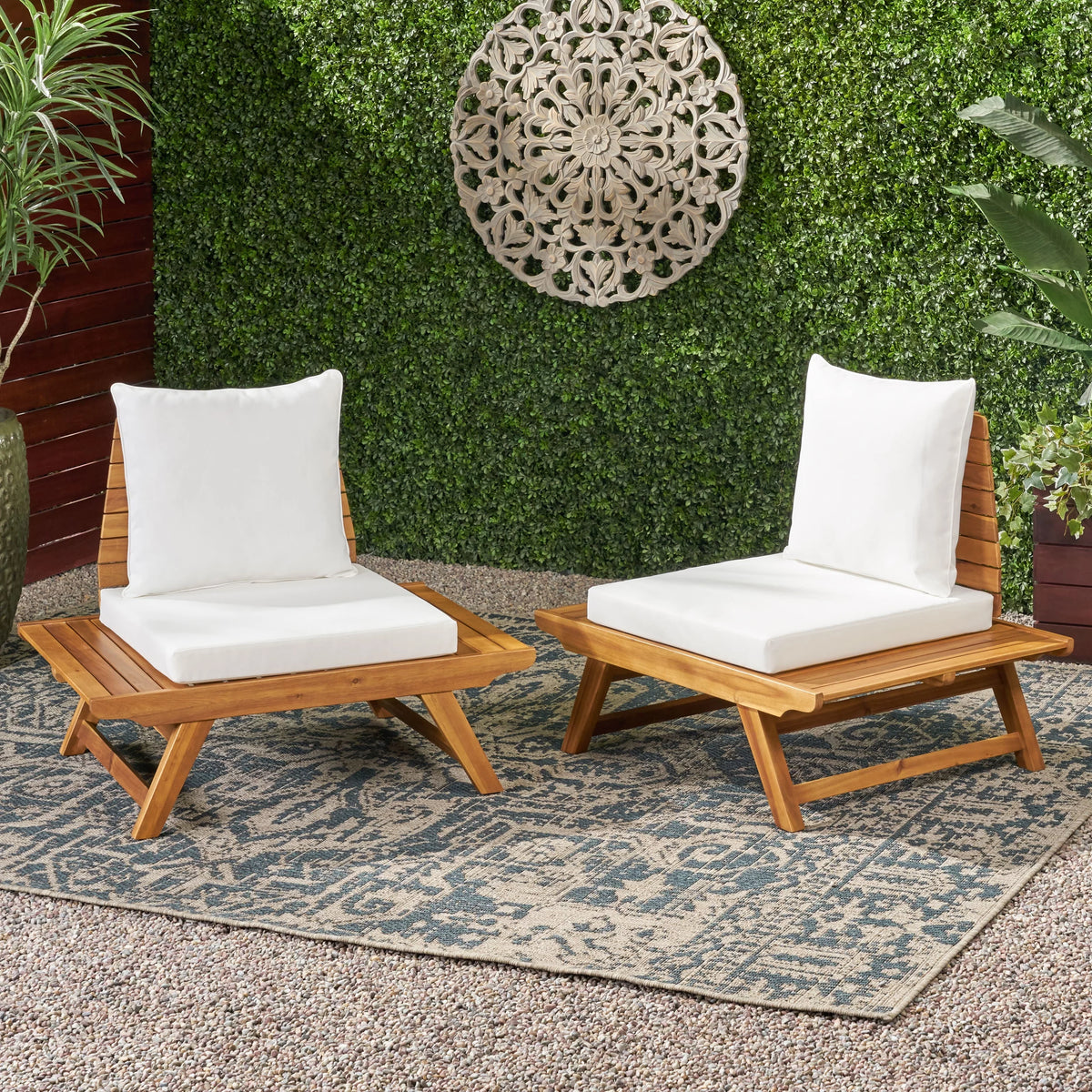 White Outdoor Wood Club Chair with Cushion Set of 2 P8033