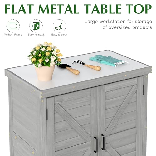 Outdoor Storage Cabinet & Potting Bench Table with Metal Top F408566