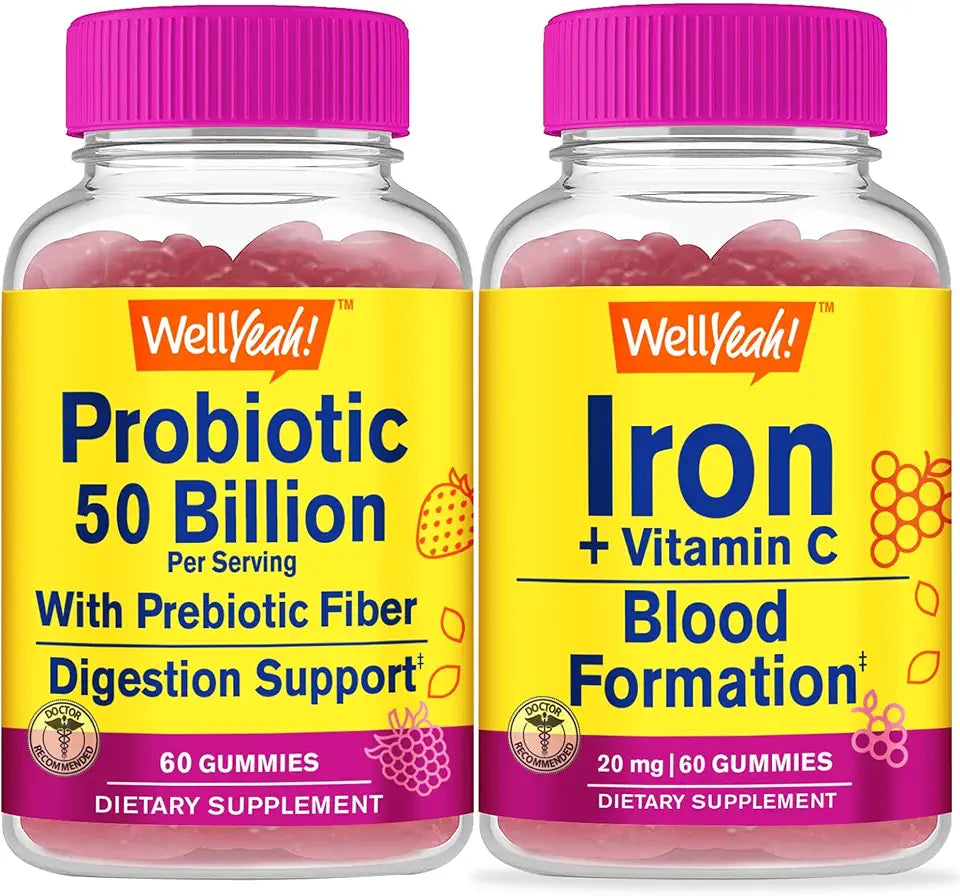 Probiotics 50B+ Prebiotics Iron Vitamin C Gummies Bundle Gluten Free GMO Free Chewable Gummy Vitamin Supplement F809656