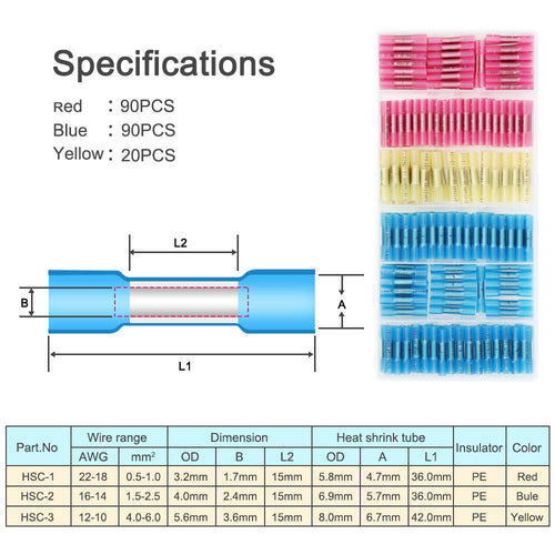 200PCS Insulated Waterproof Wire Connector Crimp Butt Splice Terminal Kit (3 Colors / 3 Sizes) Pack of 2 Y100562