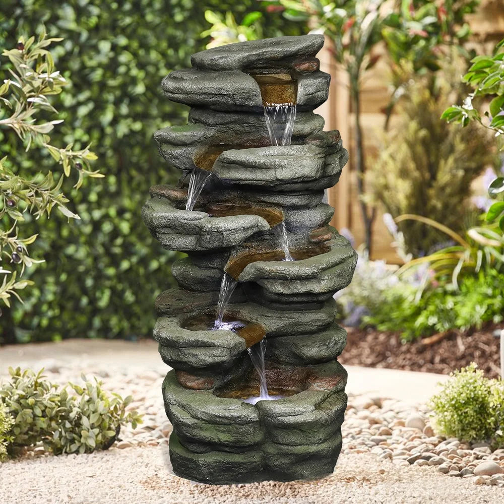 Outdoor 5-Tier Rock Water Fountain with LED Lights D8203