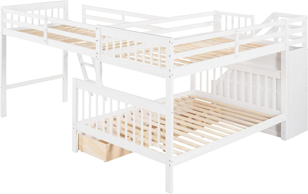 White Wooden Triple Bunk Bed With Stairs And 3 Storage Drawers P913