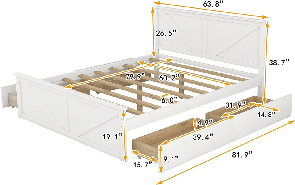 White Queen Size Platform Bed with 4 Drawers J94429