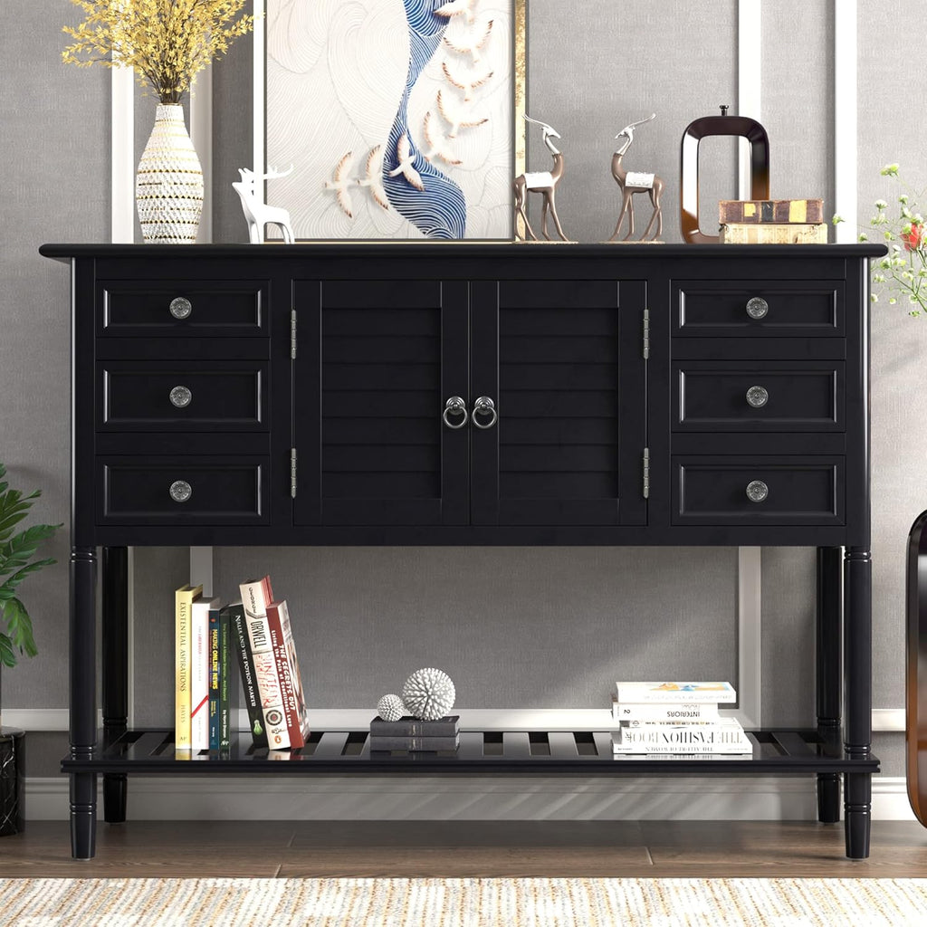 Navy Blue 6 Drawers Console Table with Cabinet and Shelf I7421