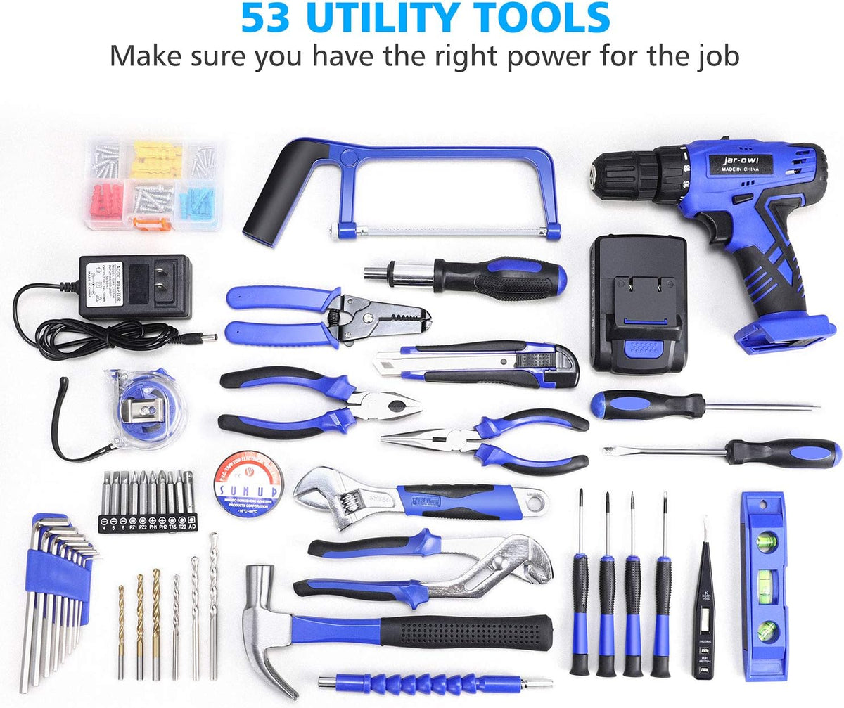 21V Cordless Drill Power Tools Combo Kit with 112Pcs Hand DIY Tool Set, Blue, Pack of 2 N140