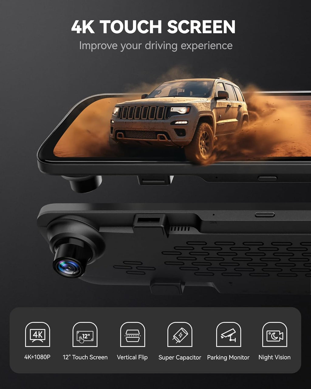 12" 4K Mirror Dash Cam Backup Camera with Front and Rear View Dual Cameras X9263