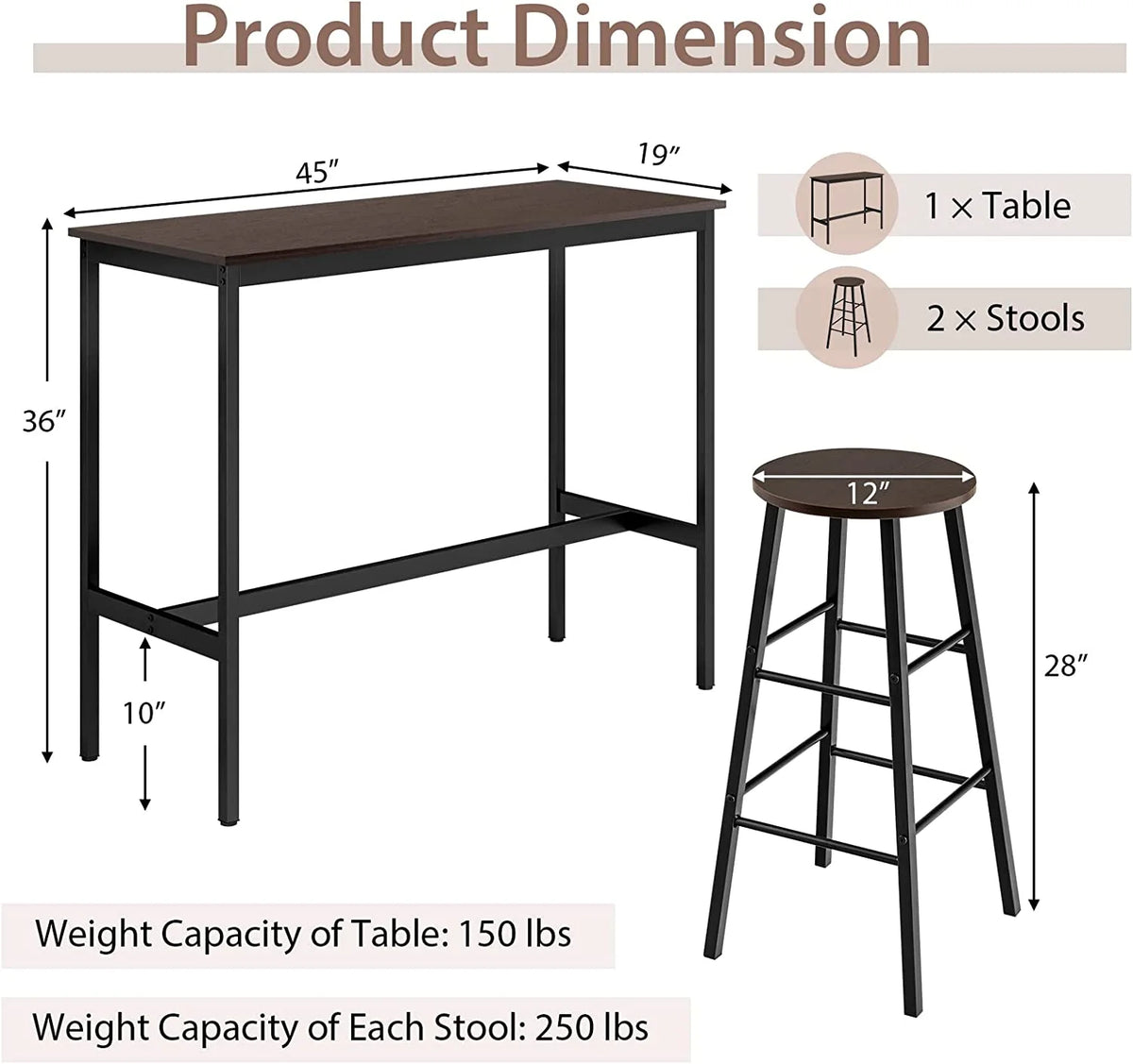 3-Piece Counter Height Table Set with 2 Round Stools Black F722474