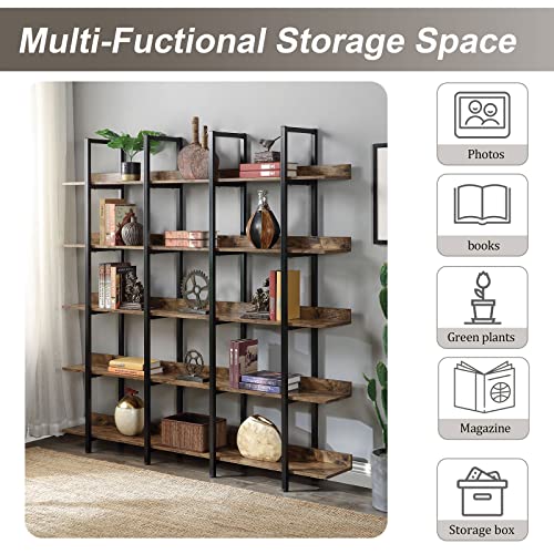 Black Triple Wide 5 Tiers Industrial Bookshelf with Metal Frame O5298
