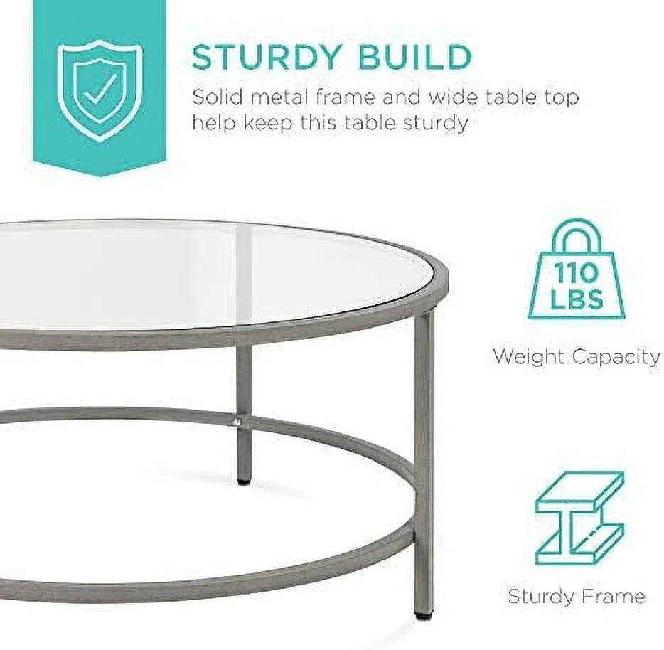 36in Round Tempered Glass Coffee Table with Metal Frame H7235