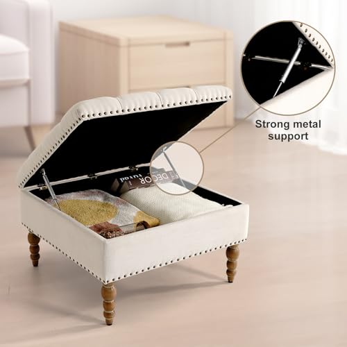 Large Square Ottoman Coffee Table with Storage and Solid Wood Shelf (Beige) N70202