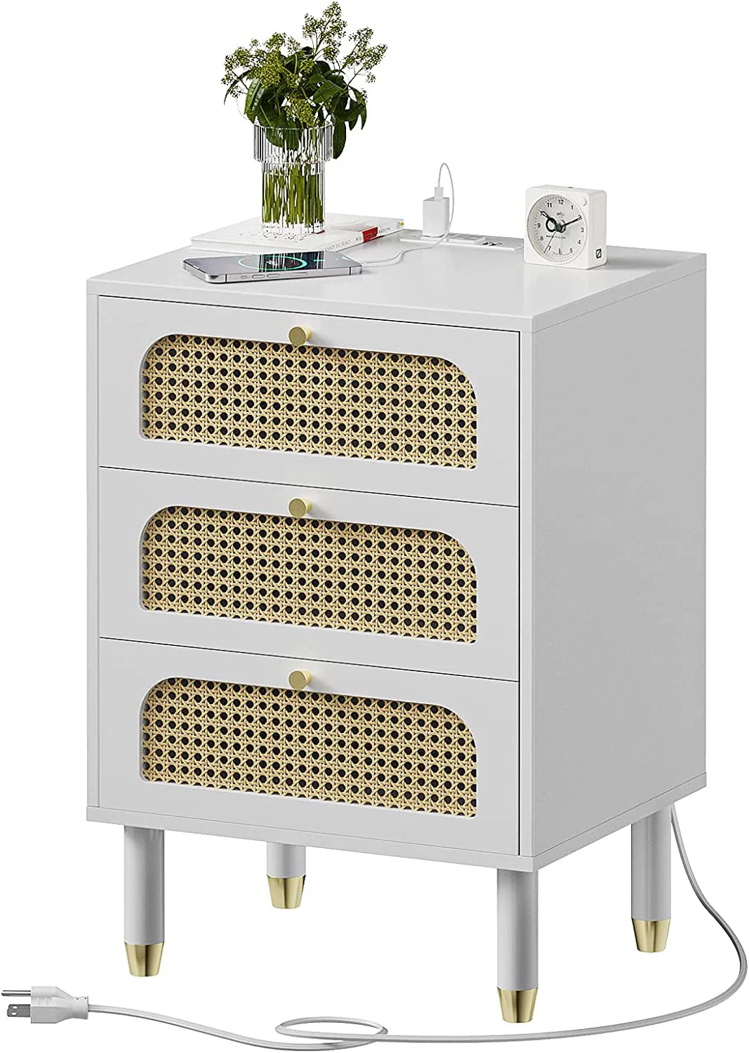 White Rattan Nightstand with Charging Station E115615