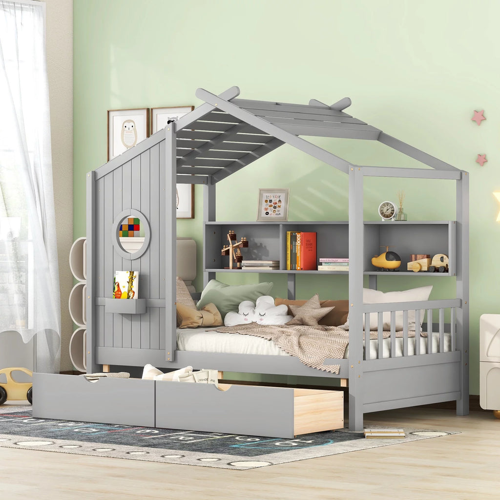 Gray Wood Twin Size Kids House Bed with 2 Drawers and Storage Shelves Z42962