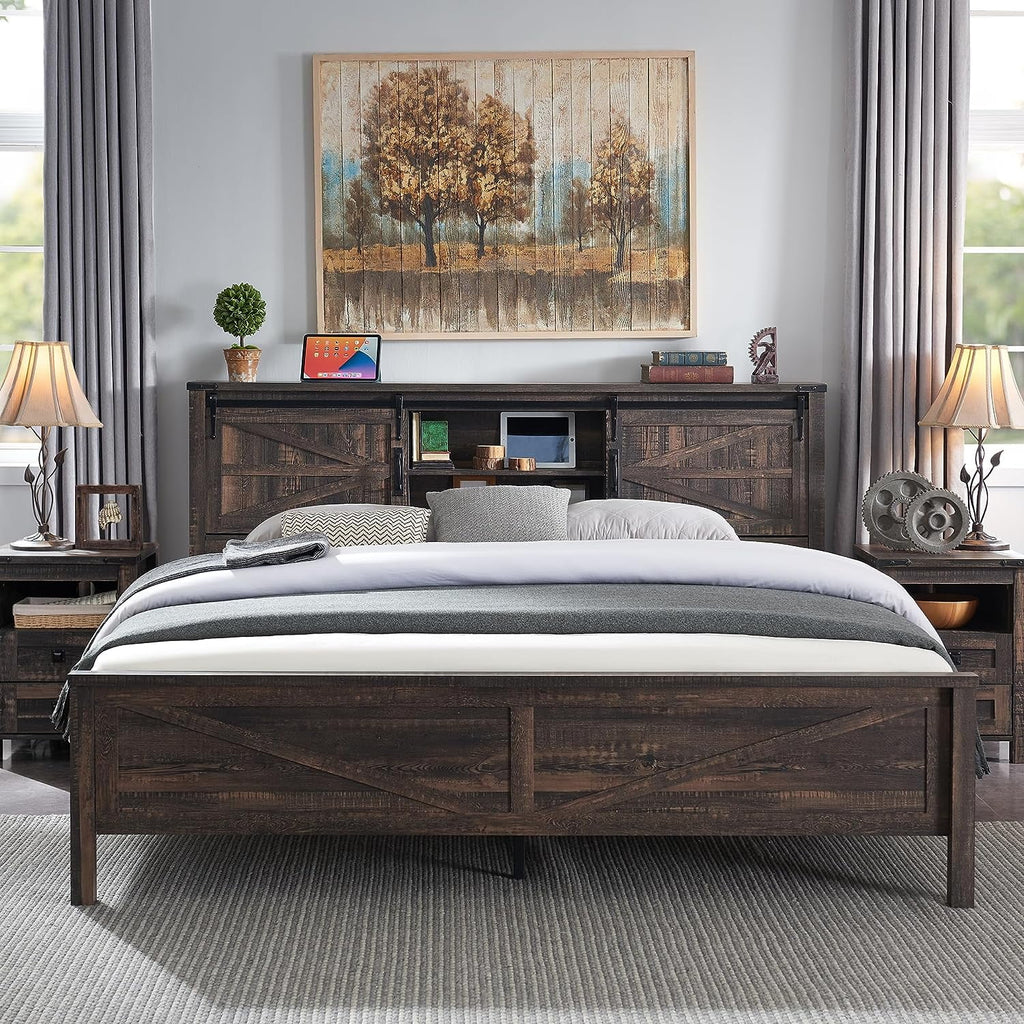 Light Rustic Oak Wood Platform Bed Frame with Bookcase Storage Headboard F31151