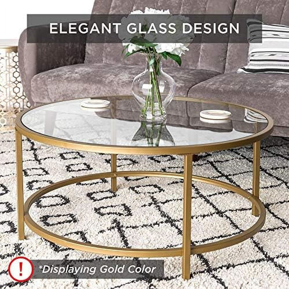 36in Round Tempered Glass Coffee Table with Metal Frame H7235