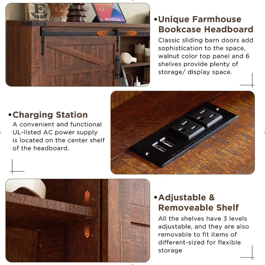 Light Rustic Oak Wood Platform Bed Frame with Bookcase Storage Headboard F31151