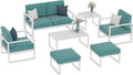 White Frame Blue Cushion 7 Pcs Outdoor Patio Furniture Set D3810
