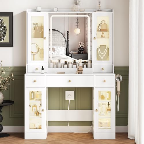 White Vanity Desk with Lighted Mirror and 5 Drawers N1861