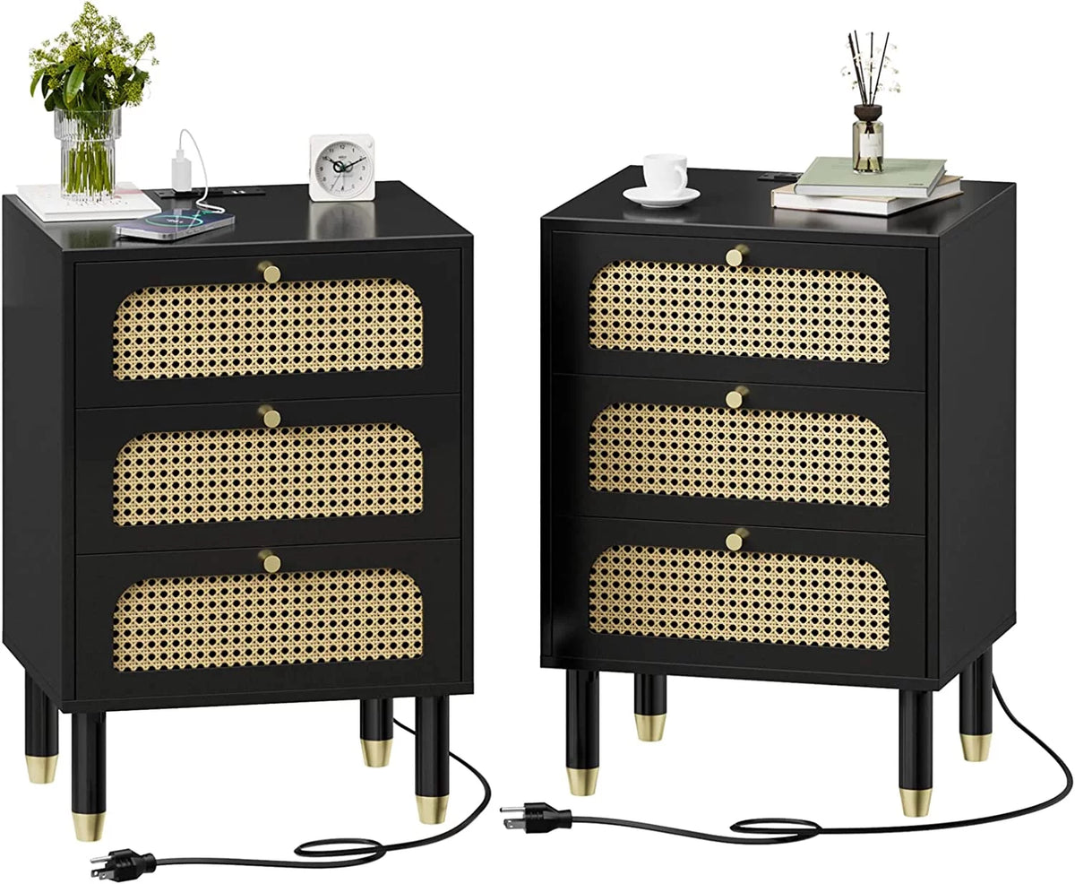 White Rattan Nightstand with Charging Station E115615