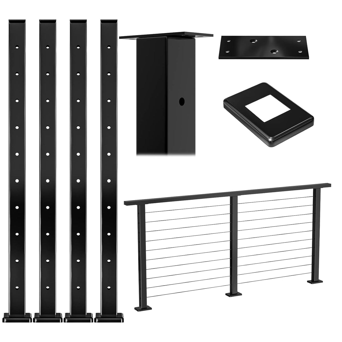 4 Pack Black Square Stainless Steel Cable Railing Post F8805