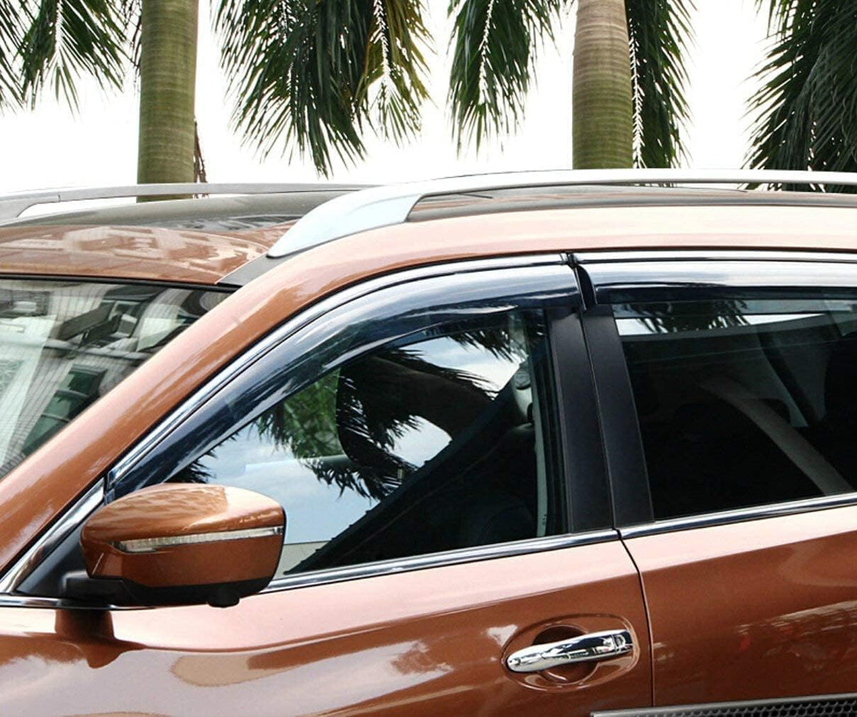 Tape on Polycarbonate Rain Guards Window Visors for Nissan Rogue 2014-2020 with 304 Stainless Steel Trim F53866