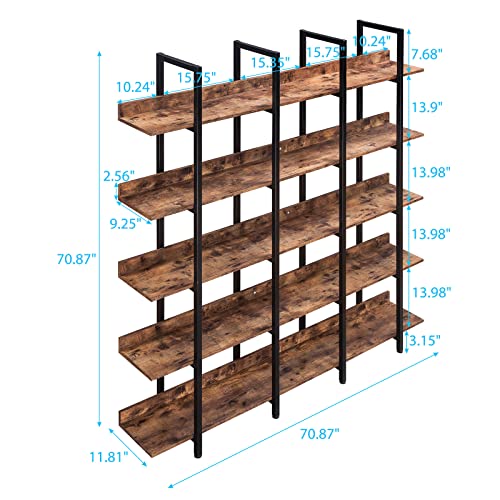 Black Triple Wide 5 Tiers Industrial Bookshelf with Metal Frame O5298