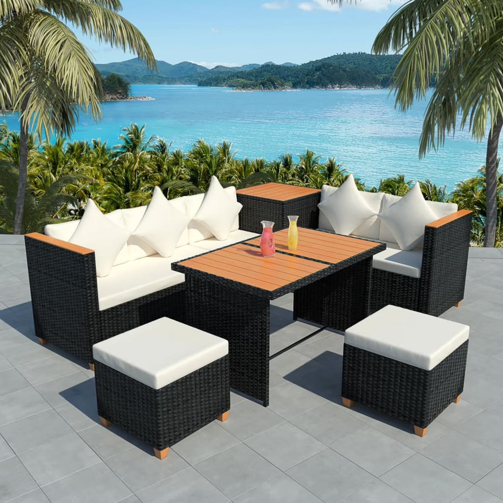 7 Piece White Cushioned Poly Rattan Outdoor Furniture Set T480