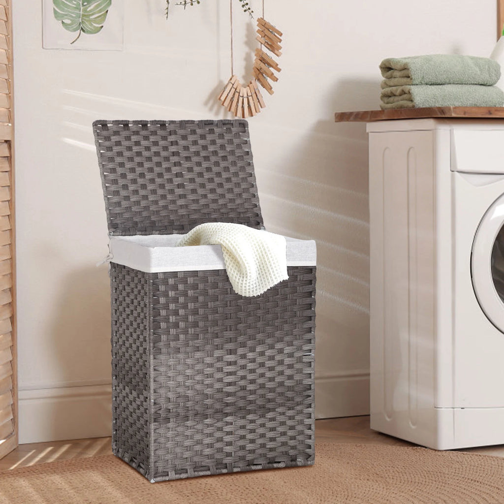 Divided Laundry Hamper 90L/110L Synthetic Rattan Handwoven Double Sorter with Liner Bags Foldable Grey O5139
