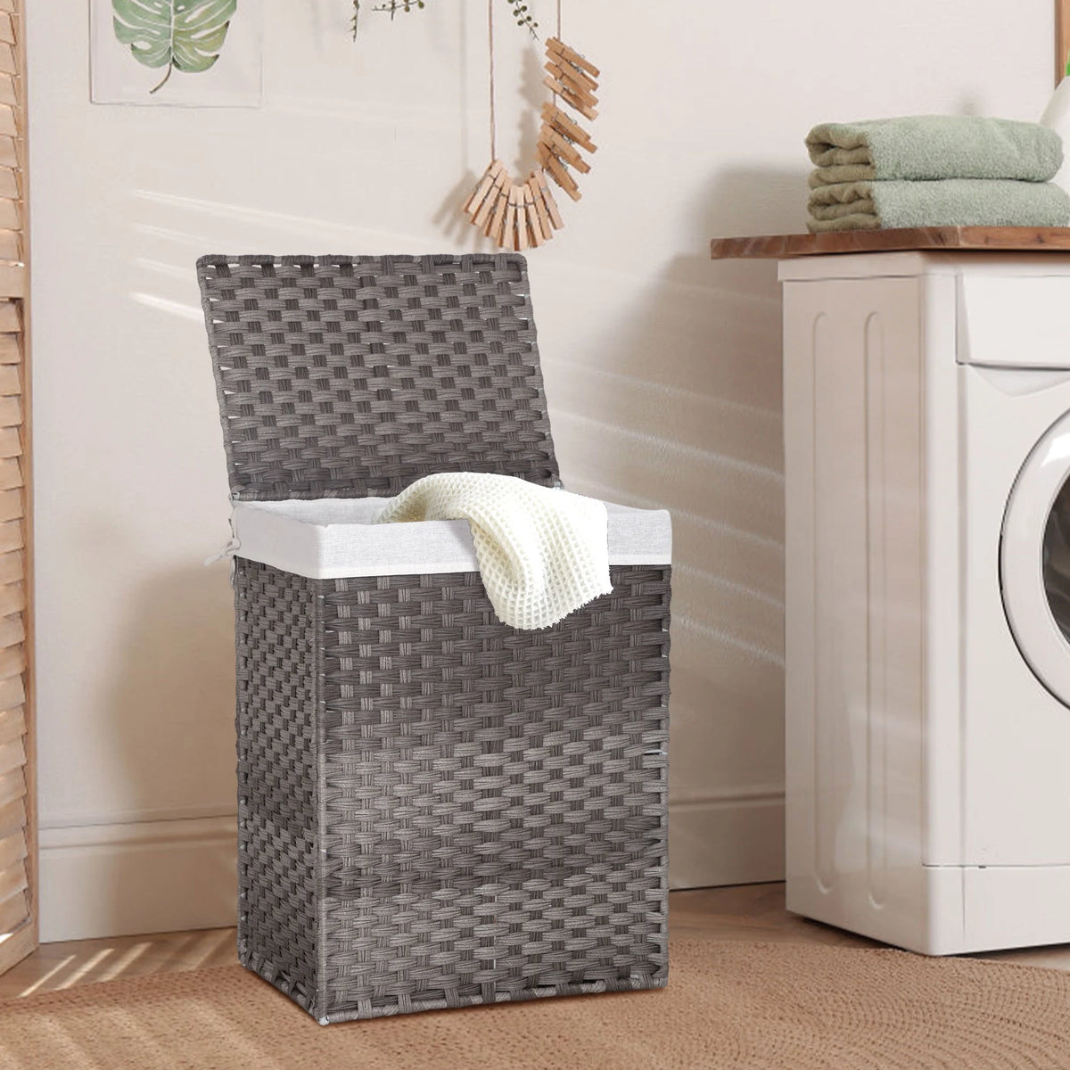 Divided Laundry Hamper 90L/110L Synthetic Rattan Handwoven Double Sorter with Liner Bags Foldable Grey O5139